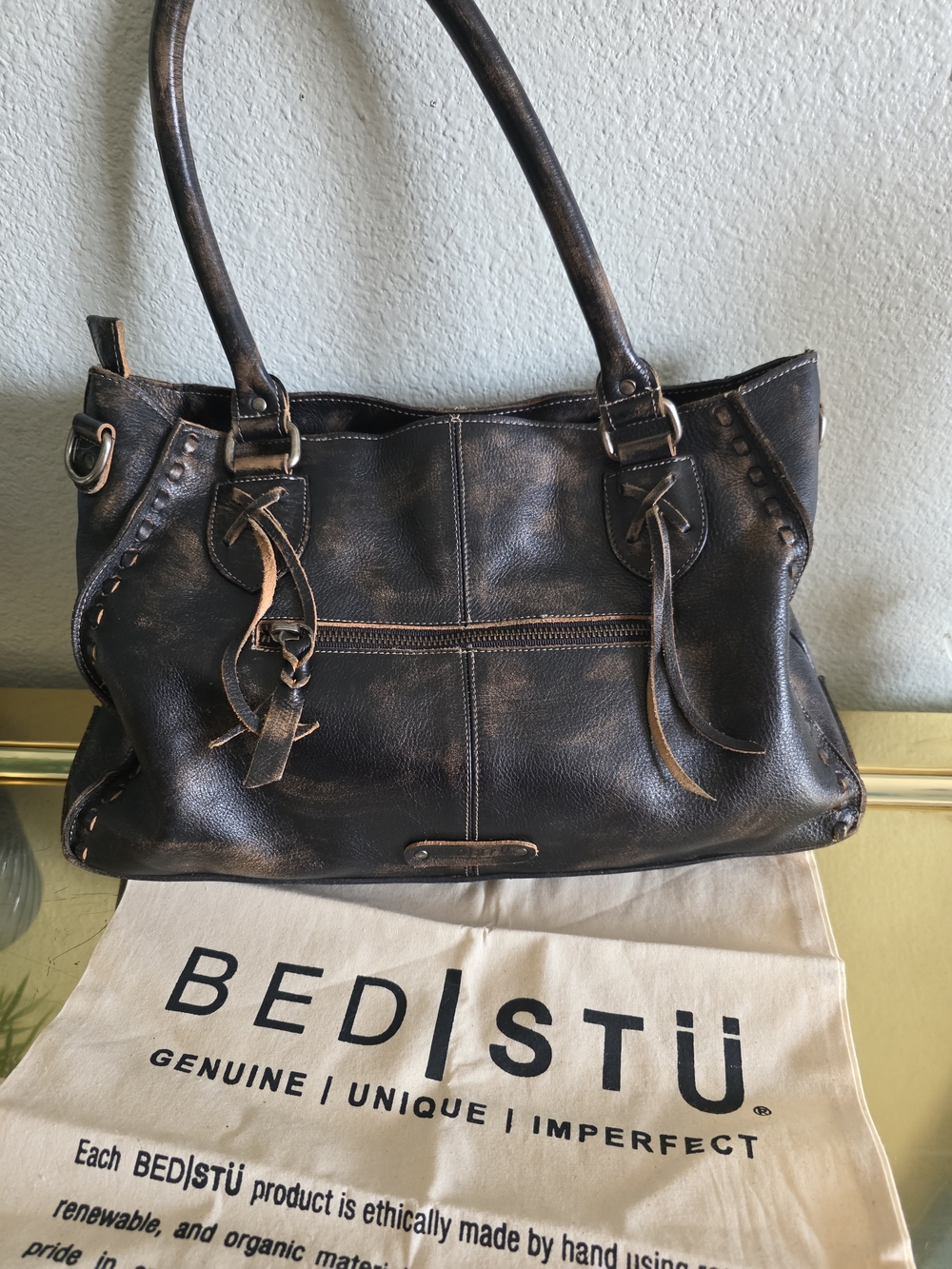 BED|STU Distressed Black Rockababy Shoulder Bag with Tassel Accents - Picture 3 of 9